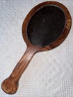 Vintage Wood Hand Held Beveled Glass Mirror Leaf Design Oval Glass 14 5 In