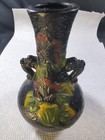 Vintage Japanese 2 Handle Ceramic Vase Black Red Orchid Blossom Floral Bumpy 6 