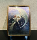 Vintage Via Vermont  Brass   Blue Glass Musical Trinket jewelry Box   1970s  