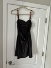 Women s Black Satin Polyester Full Slip Floral Embroidered Adjustable Straps M