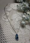 Necklace Earring Silvertone Blue Glass Faceted Pendent Dangle Pieced Jewerly Set