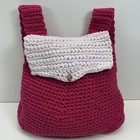 Crocheted Backpack Drawstring Flap Button Chunky Pink White Boho Grandma Core