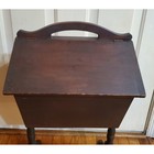Vintage Standing Wood Sewing Box Hinged Lid Top Handle Filled W Sewing Notions