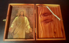 Vintage Cedar Wooden Holy Bible Box Storage Case Hinged Union Made Jesus Inside