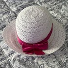 White Lace Wide Brim Sun Hat Pink Ribbon Bow Church Derby Tea Party