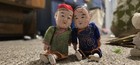 2 Antique Chinese Asian Doll Composition Paper Mache Silk Clothing Vintage