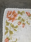 Vtg Floral Roses Handkerchief Coral Green White 13 5    X 13 5    Hanky