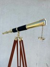 Vintage Brass Telescope On Adjustable Wooden Tripod     Nautical Decor Scope