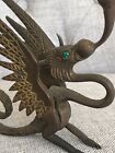 Rare Old Antique Mythical Griffin Vintage Metal Emerald Eye Dragon Candle Holder