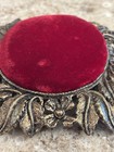 Vtg Antiqued Brass Color Metal Red Velvet Pin Cushion Victorian Style 3 1 2 Inch