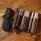 Handmade Cowhide Leather Pen Pouch Roll-up Pencil Case Bag Stationery Storage
