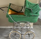Vintage Green Baby Carriage W  Canopy  Mesh Curtains  Spoked Wheels