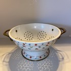 Vintage Kamenstein Metal 9  Colander Strainer White Floral Enamel Brass Handles
