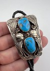 Vintage Navajo Nickel Silver High Grade Kingman Turquoise Stamped Bolo Tie