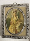 2 Portraits Victorian Woman Boy Girl Dog Miniature Art Pressed Foil Framed Wood