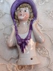 Vintage German Porcelain Pin Cushion Doll Purple Hat Half Doll Approx 2 25 h