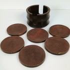 Vtg Banded Onyx Stone Coasters 6 Pc    Wood Holder Mcm Retro Velvet Back  tear 