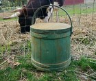 Antique Wood Firkin 15 Inch Green Original Early Paint Sugar Bucket Wooden Bands