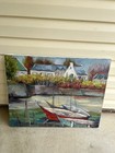 Original Vintage Signed Sail Ship Boat Harbor Seascape Oil Painting 24x36 Fishin