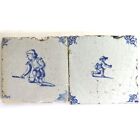 2 Antique Dutch Delft Blue And White Pottery Square Figural Tiles 19th Century