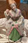 Vintage Victorian Lady Planter Vase Figurine W  Pink   Green Dress   Flowers
