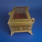 Vtg French Ormolu Style Casket Jewelry Box Gilt Filigree Beveled Glass Lid