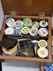 Vintage Wooden Cantilever Sewing Box Full Thread Spools Notions Kit