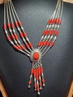 Vtg Native American Navajo Sterling Liquid Silver Coral Necklace Earrings Set