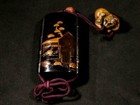 Inro Netsuke Japanese Antique Wooden Pill Case Lacquer Makie Garden And Tiger