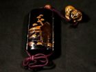 Inro Netsuke Japanese Wooden Pill Case Lacquered Makie Wabisabi Garden And Tiger