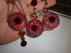Pierced Earrings   Necklace Set Red Rhinestones Impressive Big
