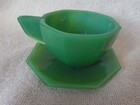 8 Pc Vintage Akro Agate Green Jadite Yellow Child s Dishes Cup Saucers Creamer