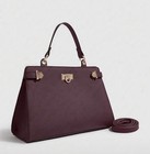 Women   s Burgundy Saffiano Leather Satchel Handbag  Top Handle  Gold Turn Lock