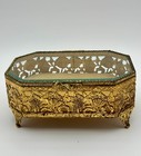 Vintage Gold Filigree Jewelry Box Glass Lid Ornate Hollywood Regency Display