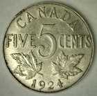 1924 Canada Nickel Five Cents Coin Extra Fine 5c Canadian Xf 5-cent Coin