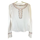 Lucky Brand Henley Waffle Knit Top M White Embroidered Boho Chic Folk Art Whimsy
