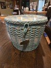 Vintage Dritz Round Woven Wicker Sewing Basket Box W Handle-blue Floral