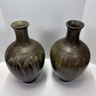 Vintage Set Of 2 Pier 1 Vases Large 12    Moss Green Brown Drip Glaze Ceramic