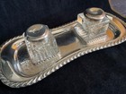 Antique  Silverplate Crystal Glass Double Inkwell Desk Set