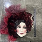 Vintage 1980s Clay Art  Ceramic Face Mask Velvet Hat Feathers Wall Art Deco T4
