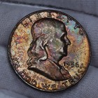 Dark Rainbow Toned 1956 Franklin Half Dollar Unc Bu Silver 50c Coin Color