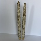 Pair Of Mcm Vintage Wood Look Faux Drip Taper Candles Antique White gold 12 