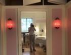 Pair Vintage Art Deco Brass   Pink Glass Rod Light Fixture Wall Sconces Lamp