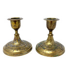 2 Vintage Short Hand Etched Brass Candlestick Candle Holders Made In India