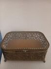 Vtg 6  Beveled Glass Gold Filigree Ormolu Regency Footed Jewelry Casket Box
