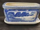 Vtg Porcelain Ceramic Chinoiserie Blue   White Oblong Planter W  Drip Saucer