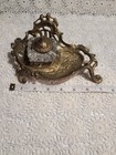 Vtg Art Nouveau Brass Footed Inkwell Stand W Glass Well   Lid Ornate Desk Set