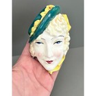 Vintage Art Deco Lady Head Face Wall Hanging Ceramic - Japan Green Hat Blonde