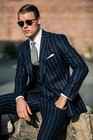 Navy Striped Men Suits Wide Peak Lapel Business Double Breasted Wedding Tuxedos