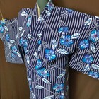 Japanese Kimono Robe Yukata Dress Jacket Indigo Blur Dyeing  Flower Pattern 9179